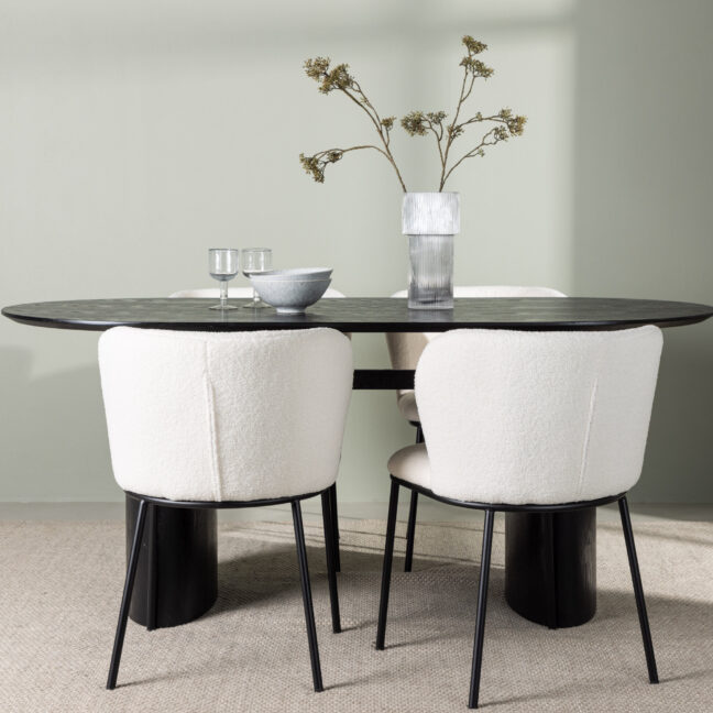 Söögilaud ja toolikomplekt Isolde söögilaud ja Edina söögitool 180x75 cm must ja valge MDF ja bouclé