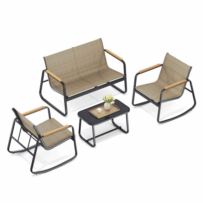Aiamööbli komplekt 2 kiiktooli lauaga ja pingiga 40x70x42 cm kollakas-pruun teras
